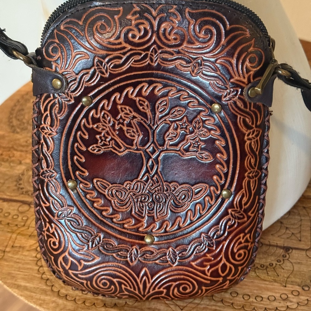 Hand-Tooled Brown Leather Crossbody Bag with Tree of Life Design